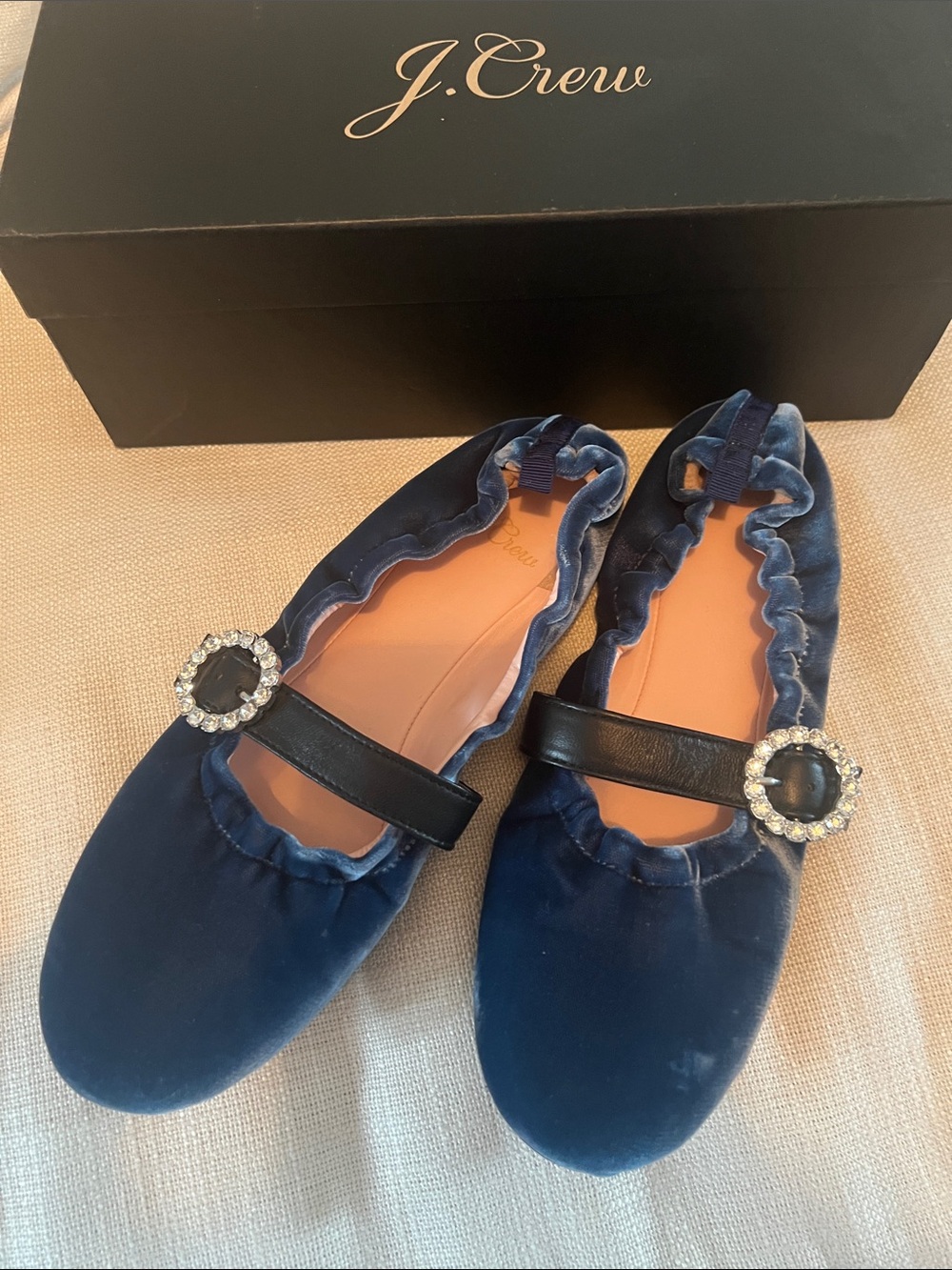 J CREW blue velvet slipper flat Maryjane with crystal detail. 8
